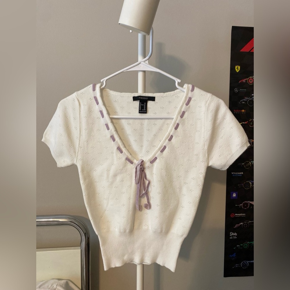 Forever 21 White Short-Sleeve Knit Top with Lavender Tie Detail